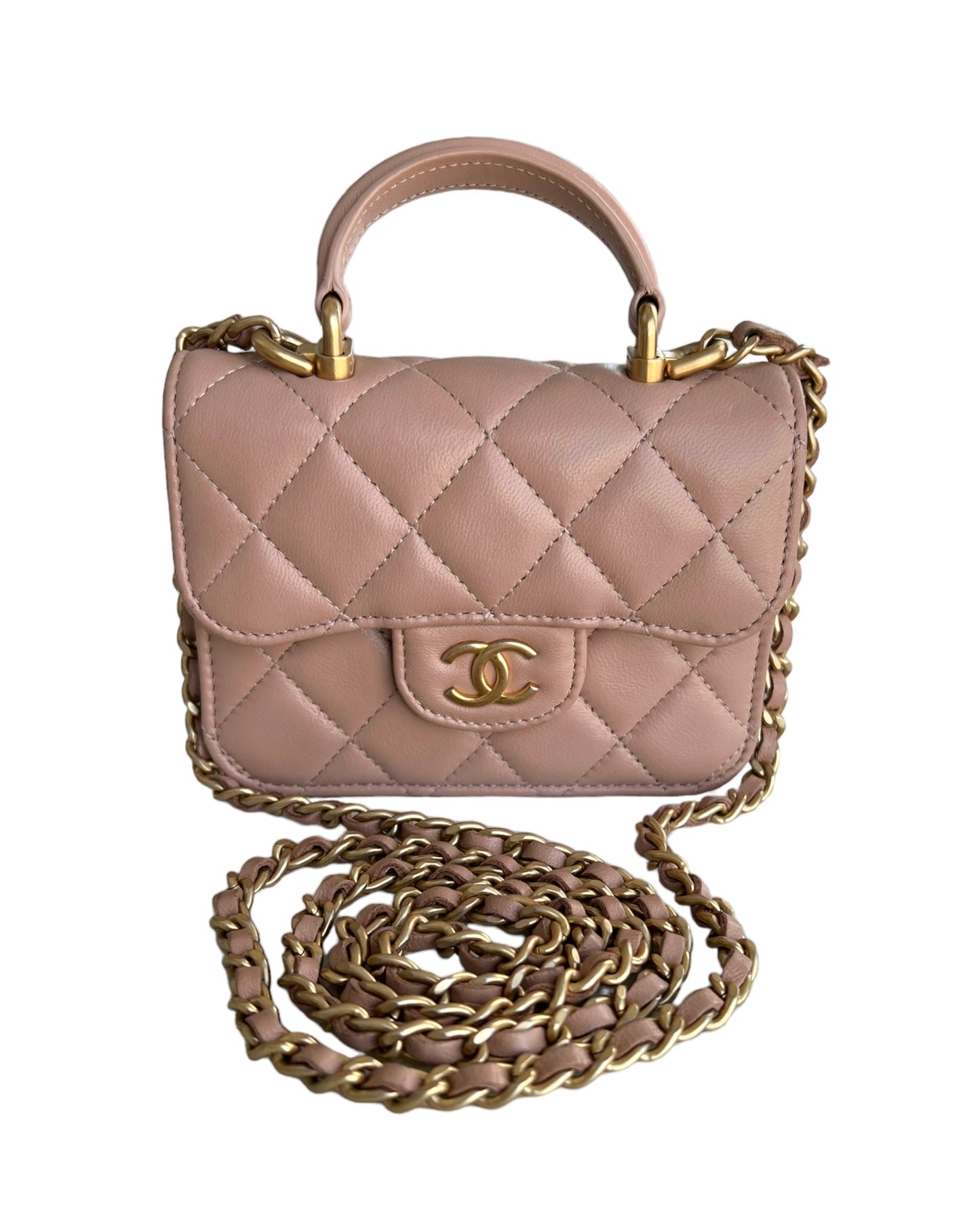 Chanel Top Handle Flap Beige Mini Bag on Chain with Box