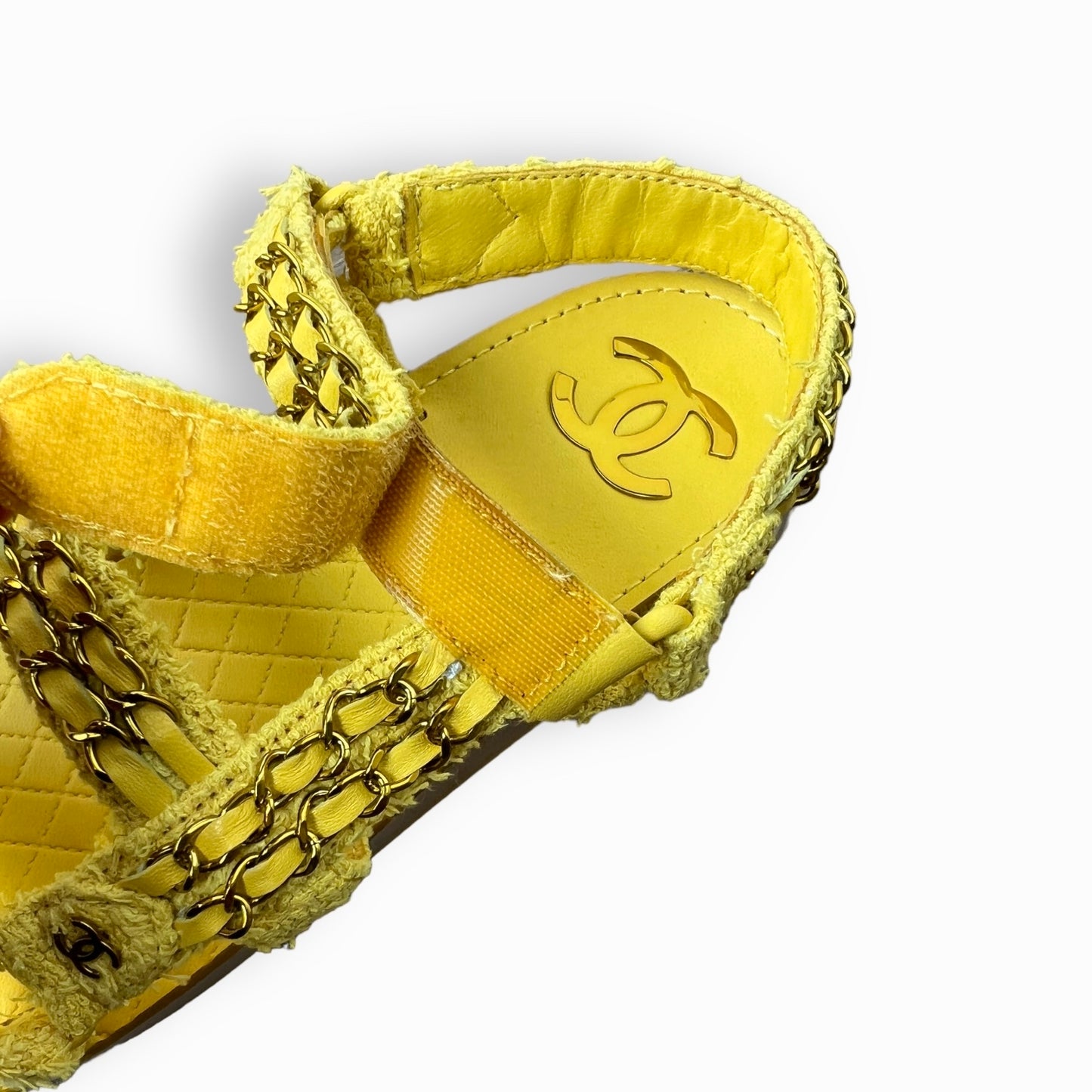New! Chanel Tweed Yellow Chain Sandals Size 39