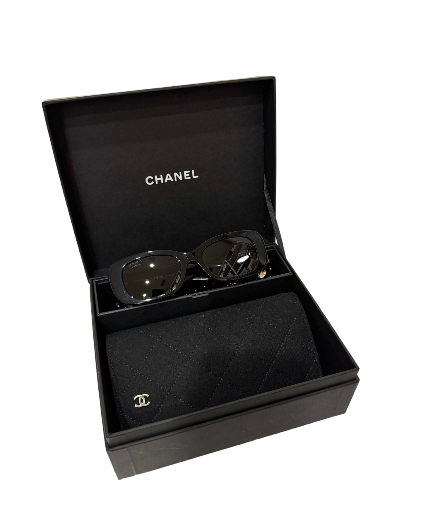 Rare Chanel Rectangle Sunglasses with Pearl Chain and Gift Package