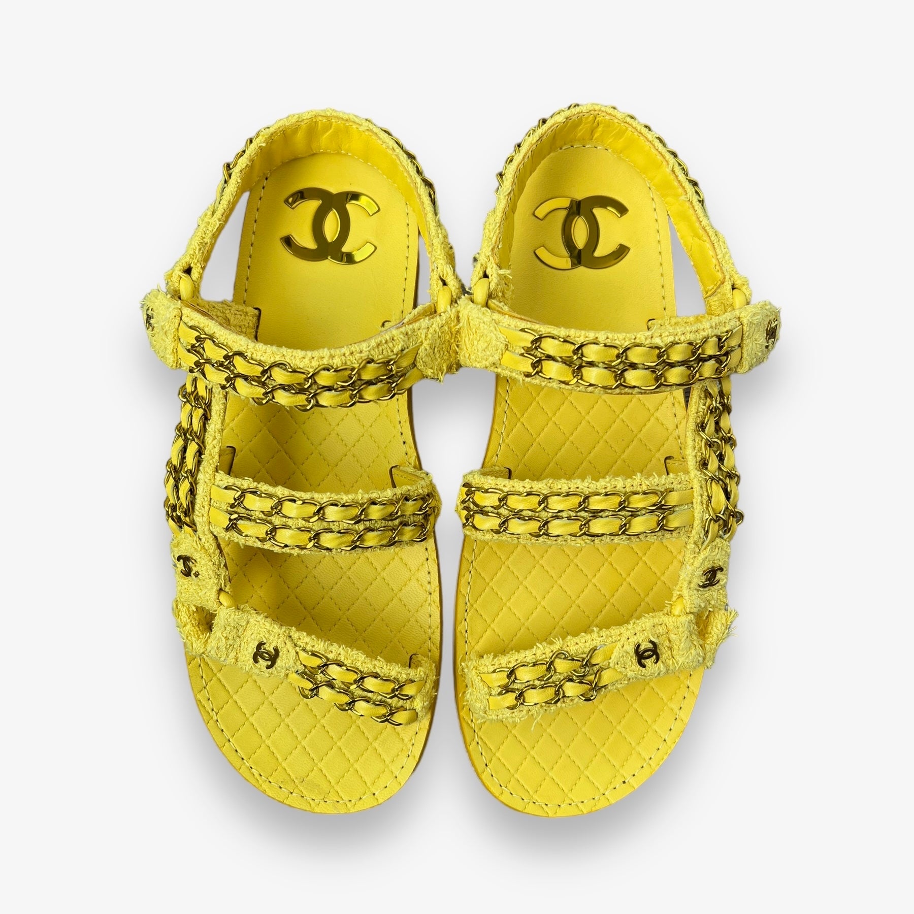 New! Chanel Tweed Yellow Chain Sandals Size 39 – pre.owned_luxury