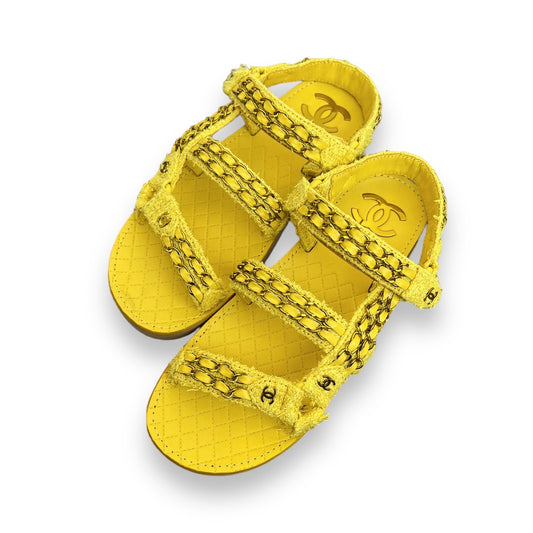 New! Chanel Tweed Yellow Chain Sandals Size 39 + Box