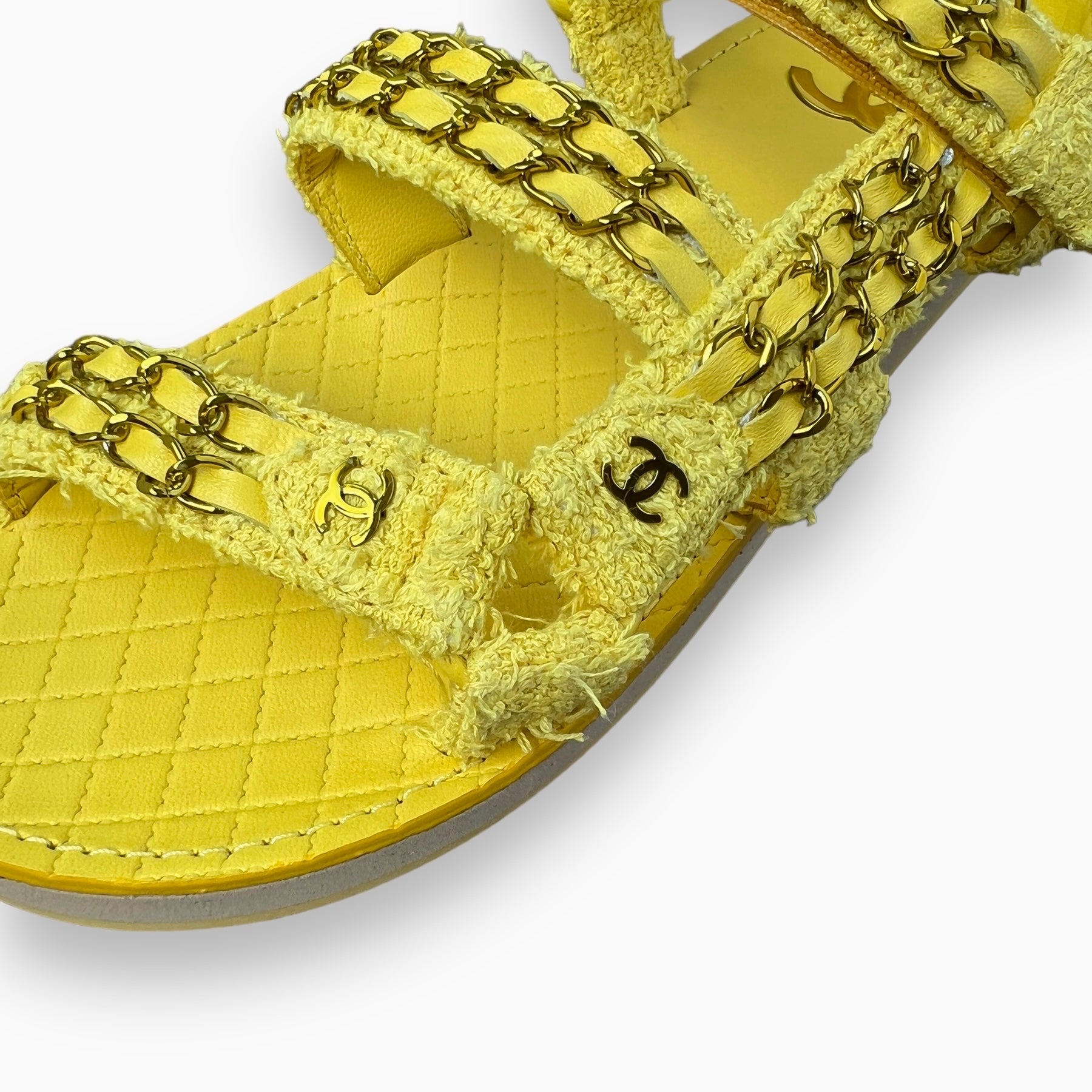 New! Chanel Tweed Yellow Chain Sandals Size 39 – pre.owned_luxury