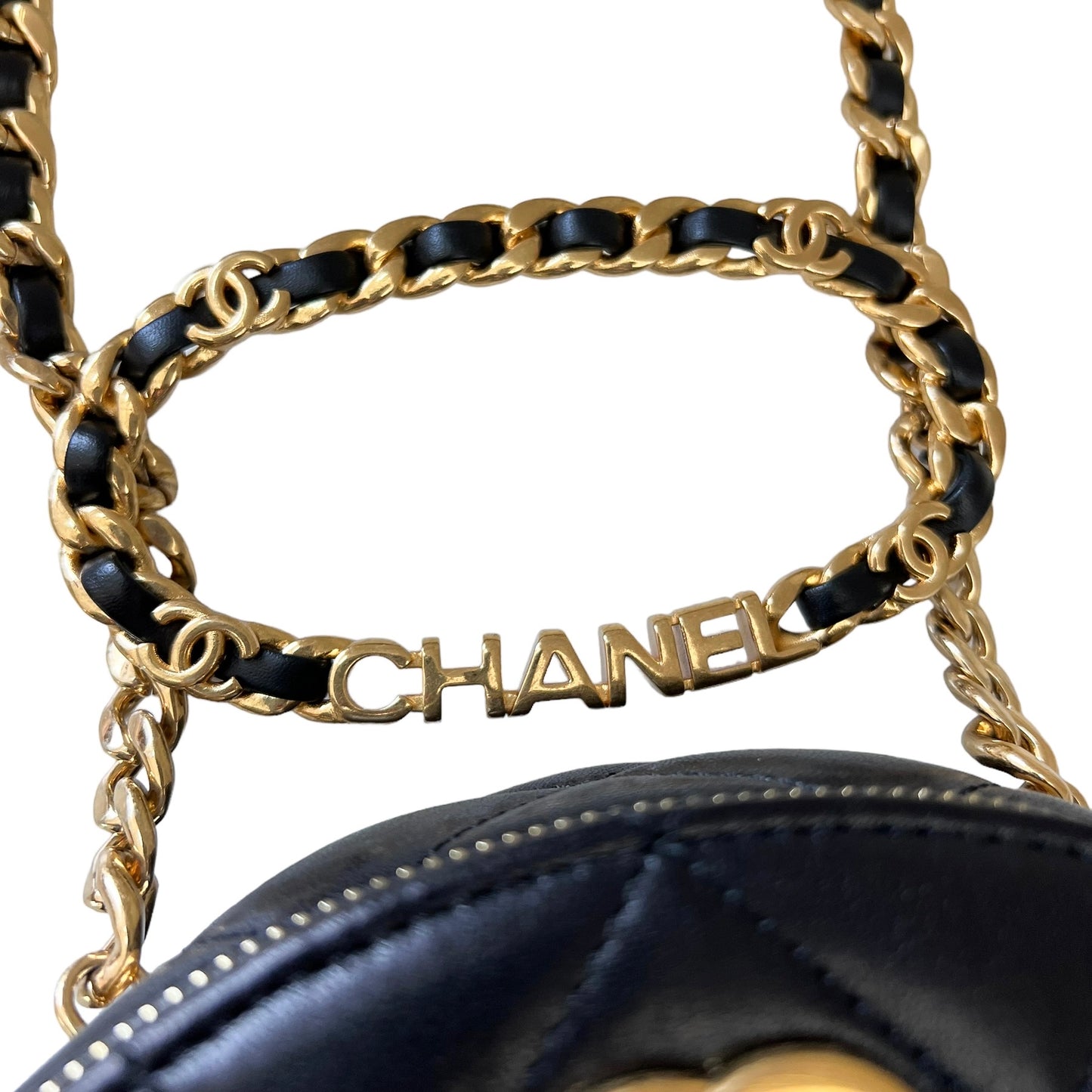 Chanel 2023 Cruise Collection Round Black Leather Bag on Chain with Box