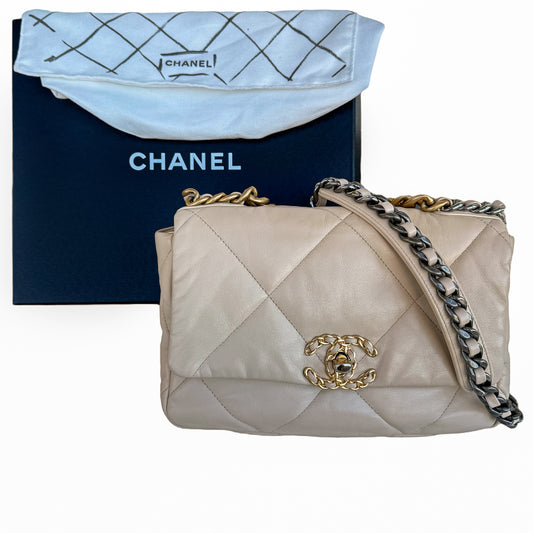 CHANEL 19 Beige Lambskin Quilted Leather Medium Flap Bag with Package